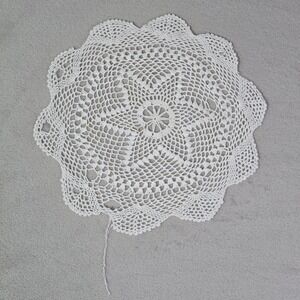 Vintage Cream Beige Crochet Lace Doily Round Cotton Table Linen 13"  1970s FLAWS